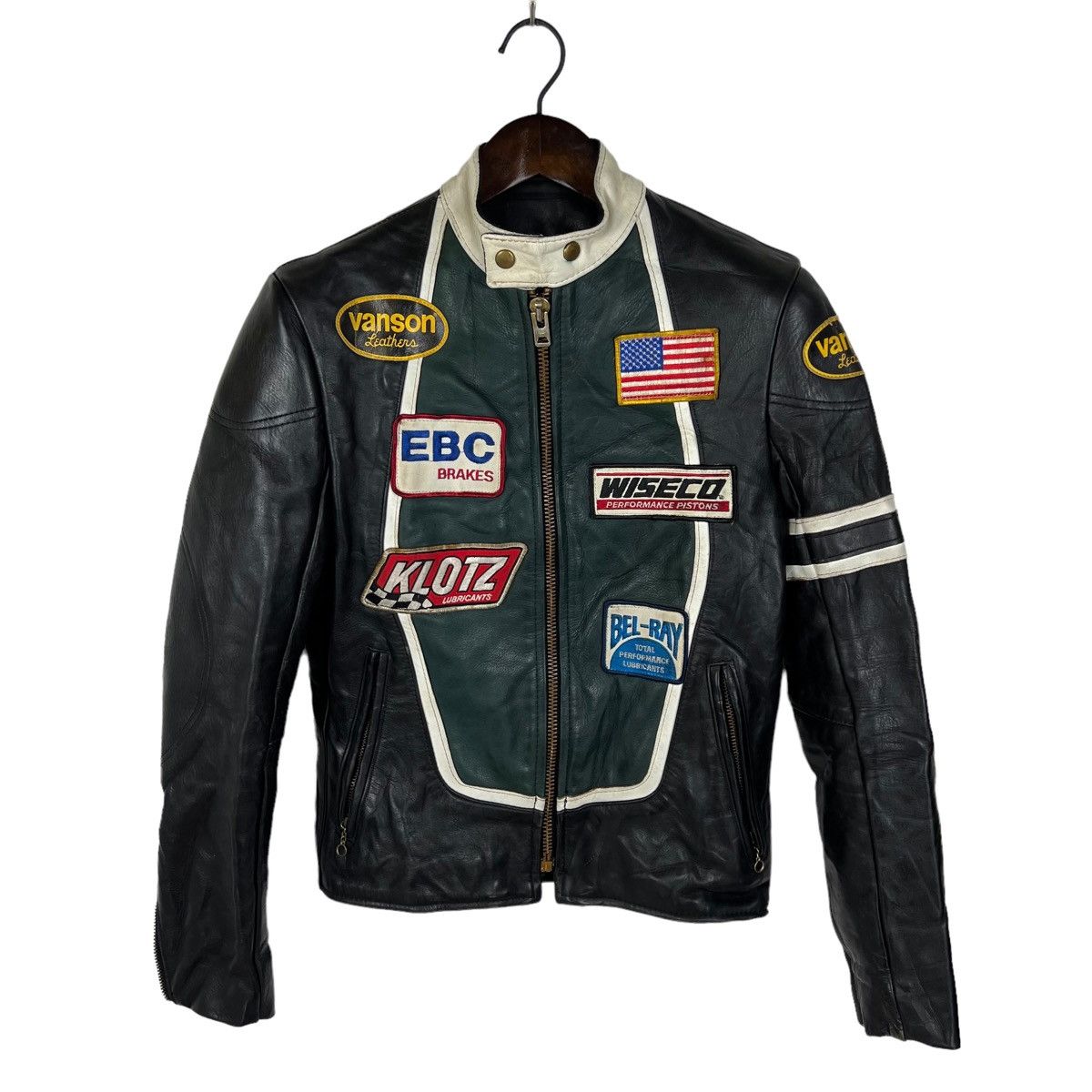 Image of Leather Jacket x Racing Vanson Leather Racing Patch Biker Jacket in Black, Men's (Size XS)