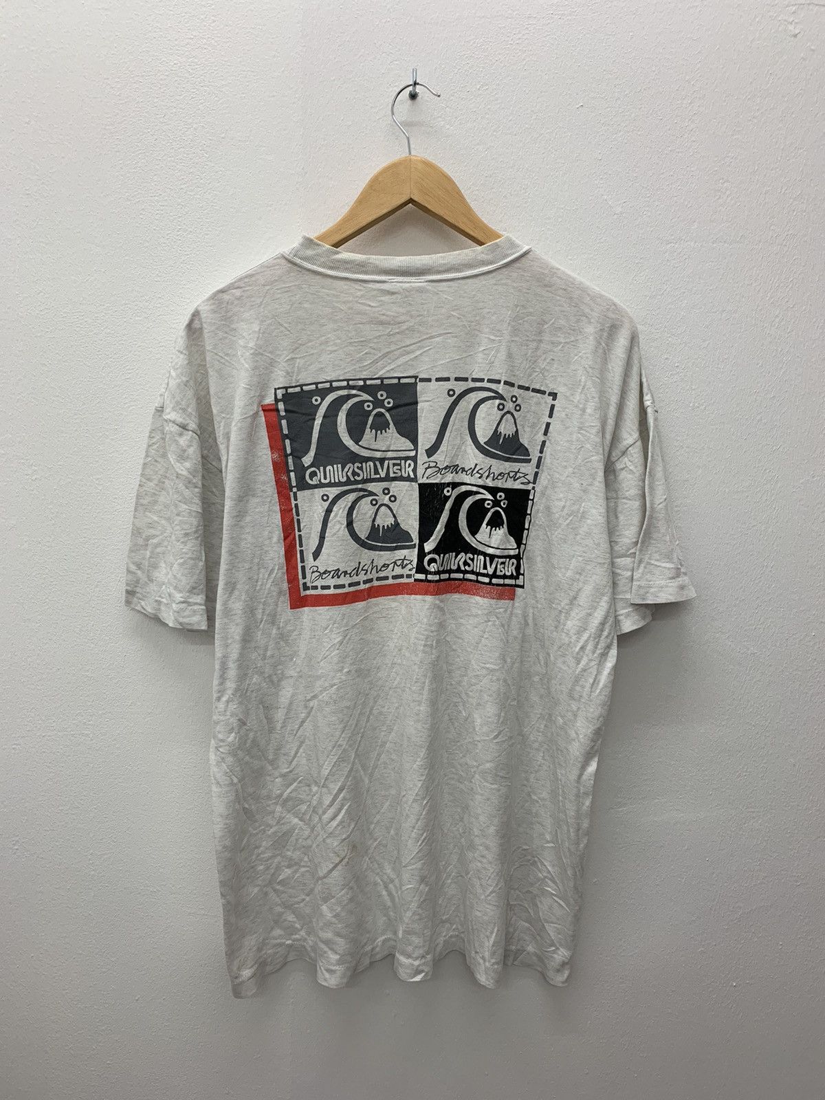 image of 90's Quiksilver Intern Single Stich Surf Board Tshirt in White Grey, Men's (Size Large)