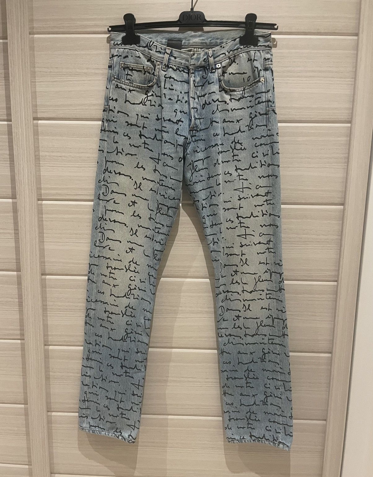 image of Dior x Kris Van Assche Ss15 Handwritten Script Scribble Letter Denim Jeans in Blue, Men's (Size 28)