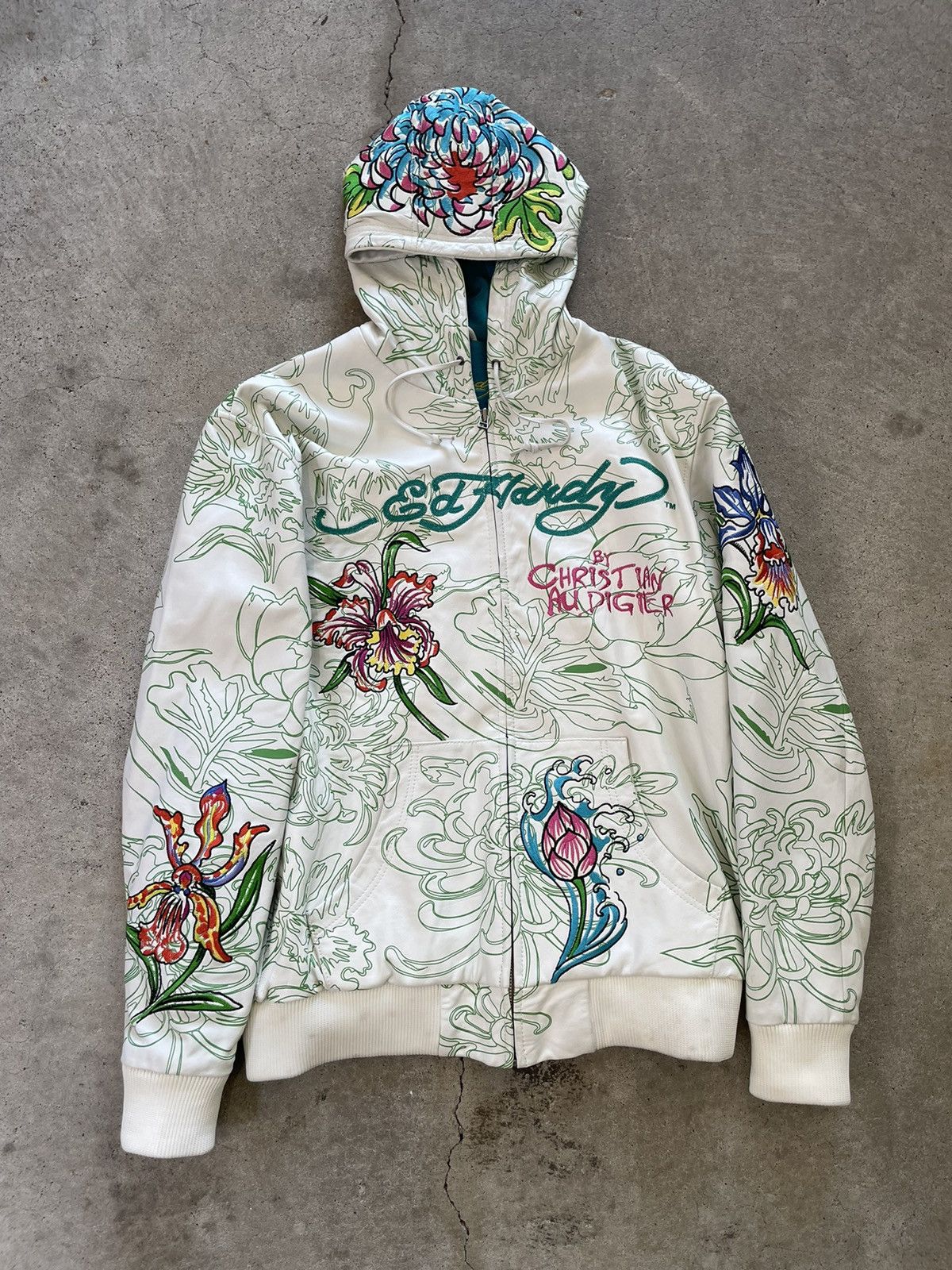 image of Christian Audigier x Ed Hardy Genuine Leather Hoodie in White, Men's (Size XL)