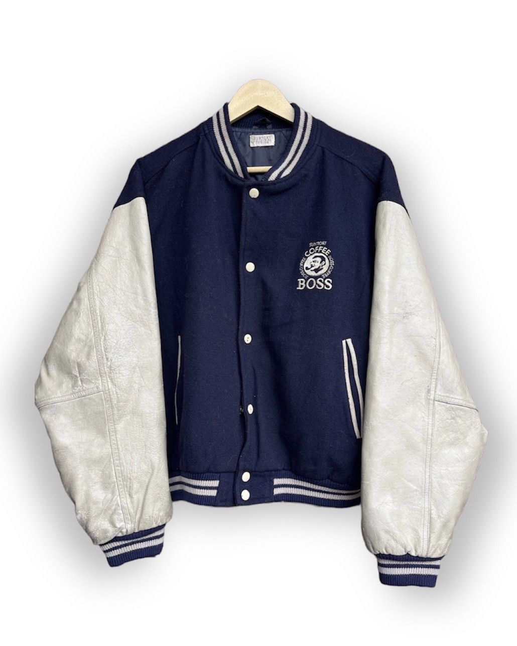 image of Bomber Jacket x Varsity Jacket Japan Leather Suntory Coffee Boss Varsity Jacket in Navy/Cream (Size