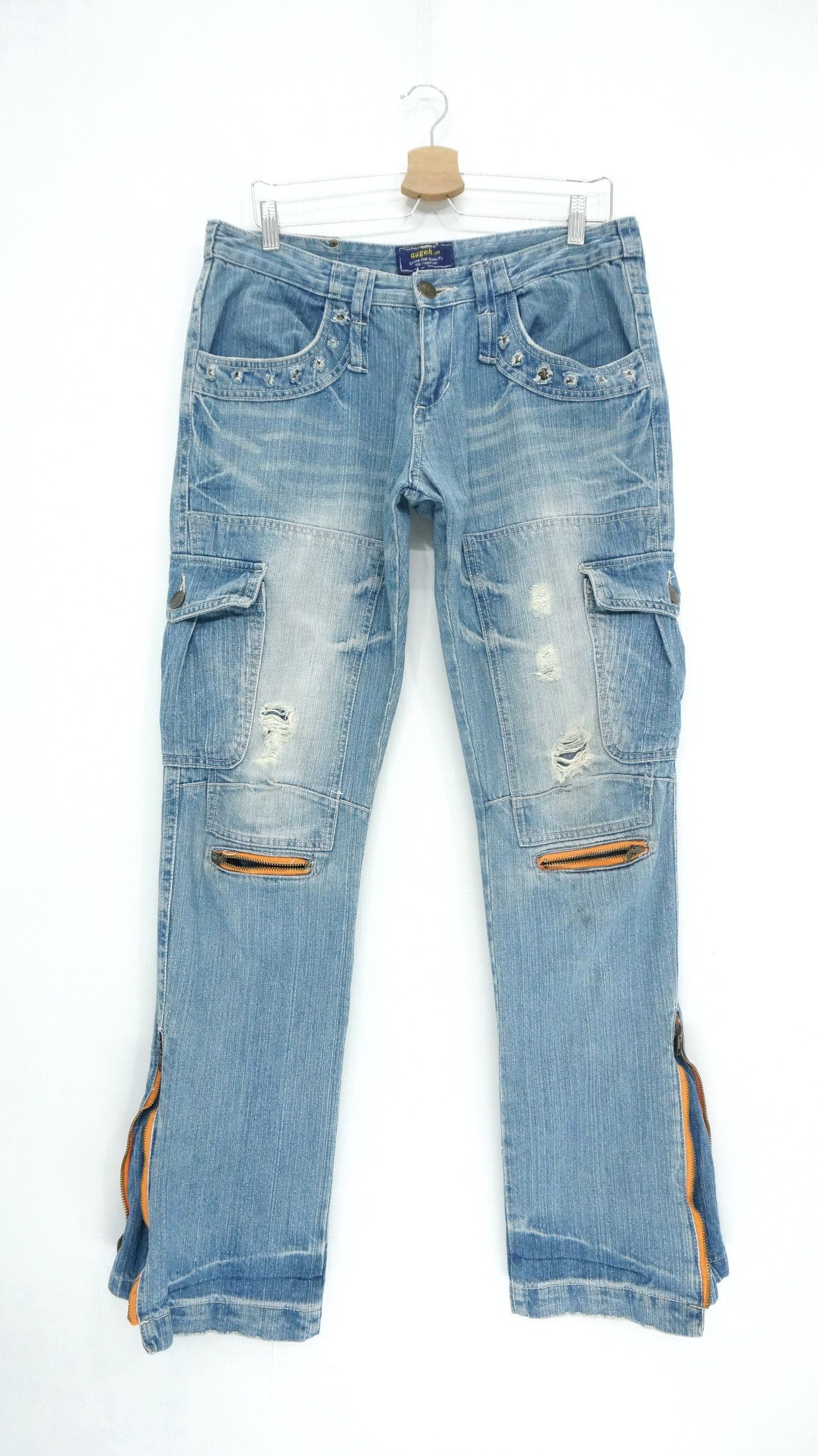 image of Distressed Denim x Vintage Dope Vintage Japan Augeh Izm Cargo Rivets Jeans in Blue Denim (Size 33)