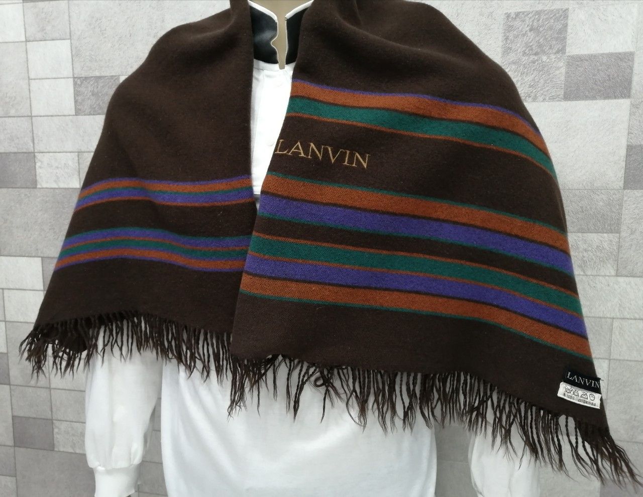 💥Vintage LANVIN Wool Native Striped Shawl Body Wrap