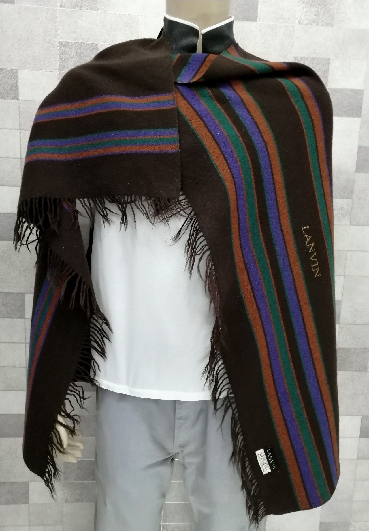 💥Vintage LANVIN Wool Native Striped Shawl Body Wrap
