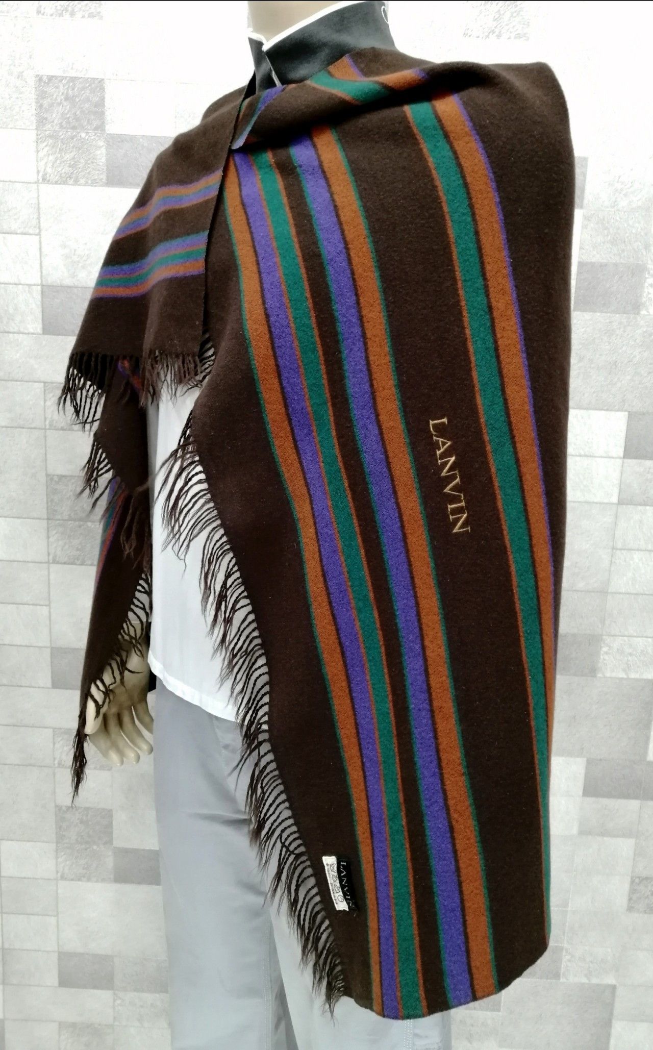 💥Vintage LANVIN Wool Native Striped Shawl Body Wrap