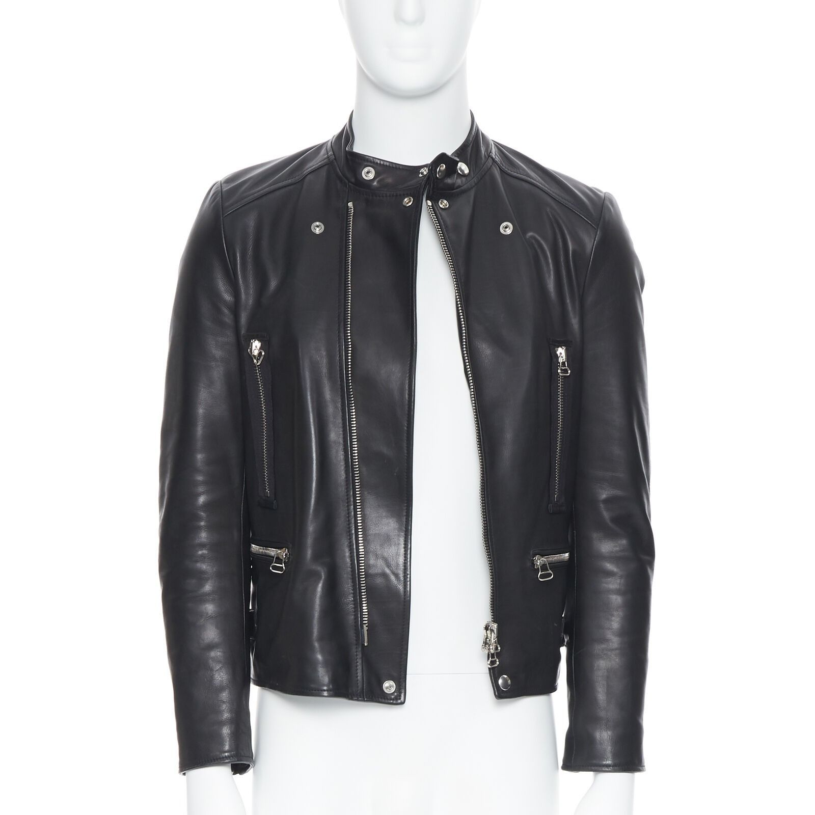 image of Lanvin Alber Elbaz Black Calfskin Leather Silver Hardware Moto Biker Jacket Eu44, Men's (Size XS)