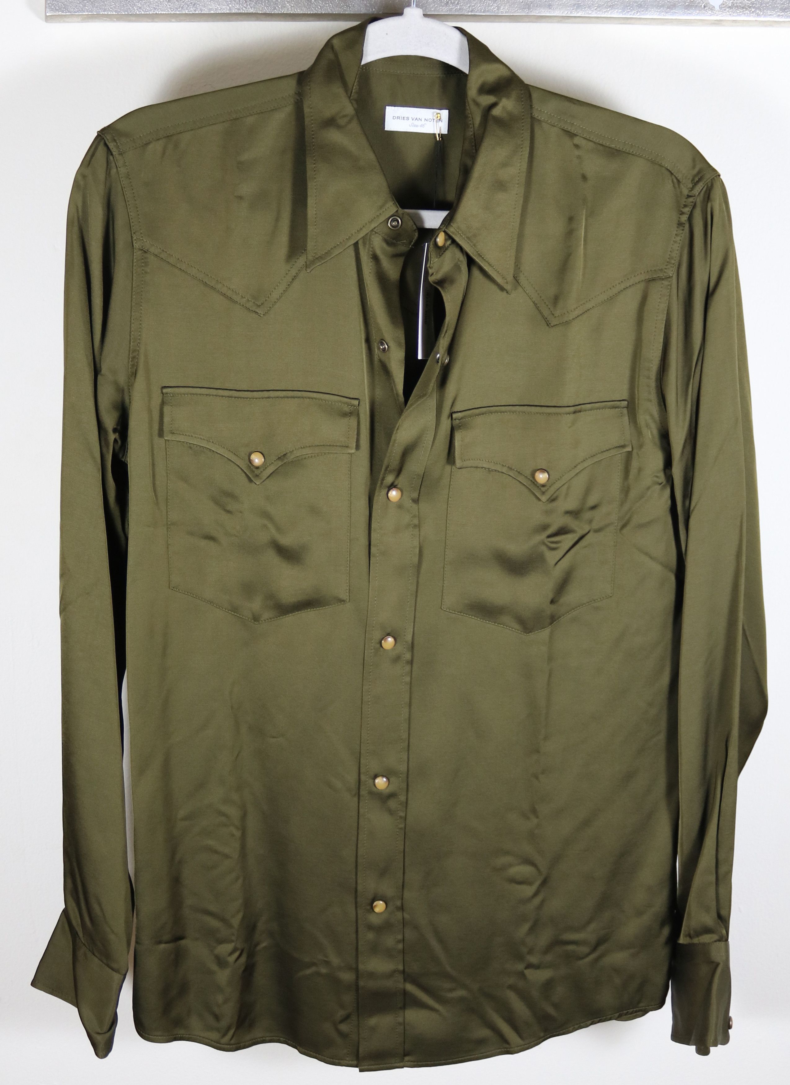 image of Dries Van Noten Curtain Western Viscose Shirt Size 46 in Olive, Men's