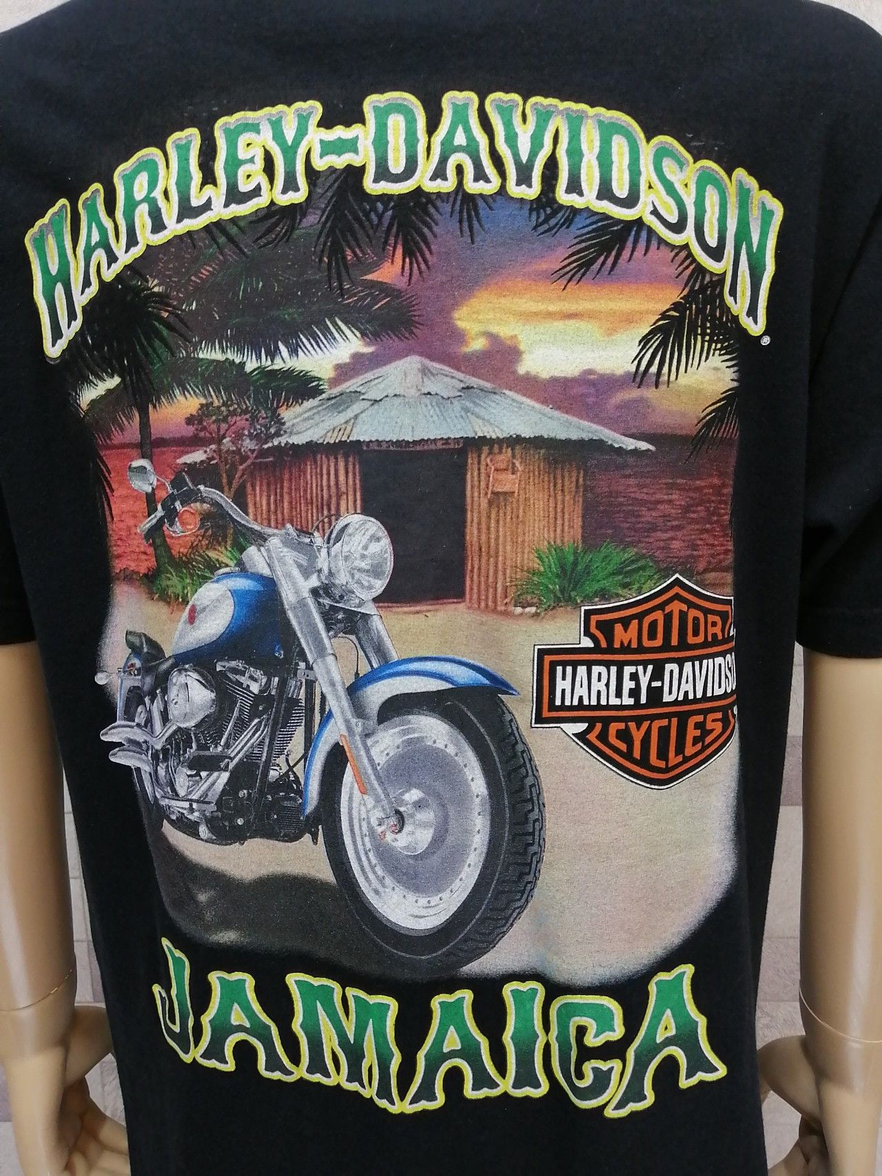 Harley Davidson 💥Vtg Y2K HARLEY DAVIDSON Jamaica Big Print Black T-Shirt Size US L / EU 52-54 / 3 - 4 Thumbnail