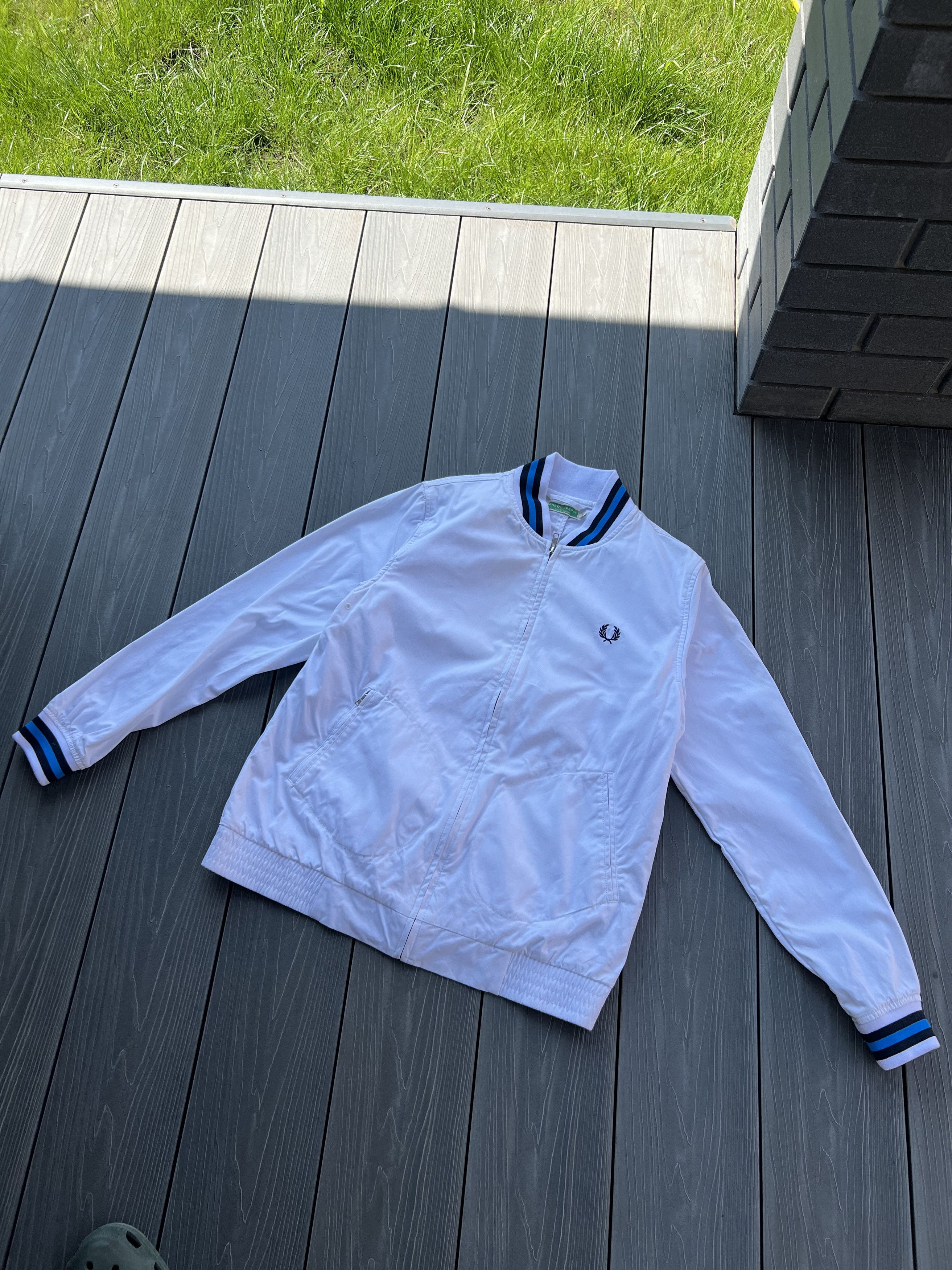 Fred Perry Vintage White Bomber Jacket Striped Cuffs Zip