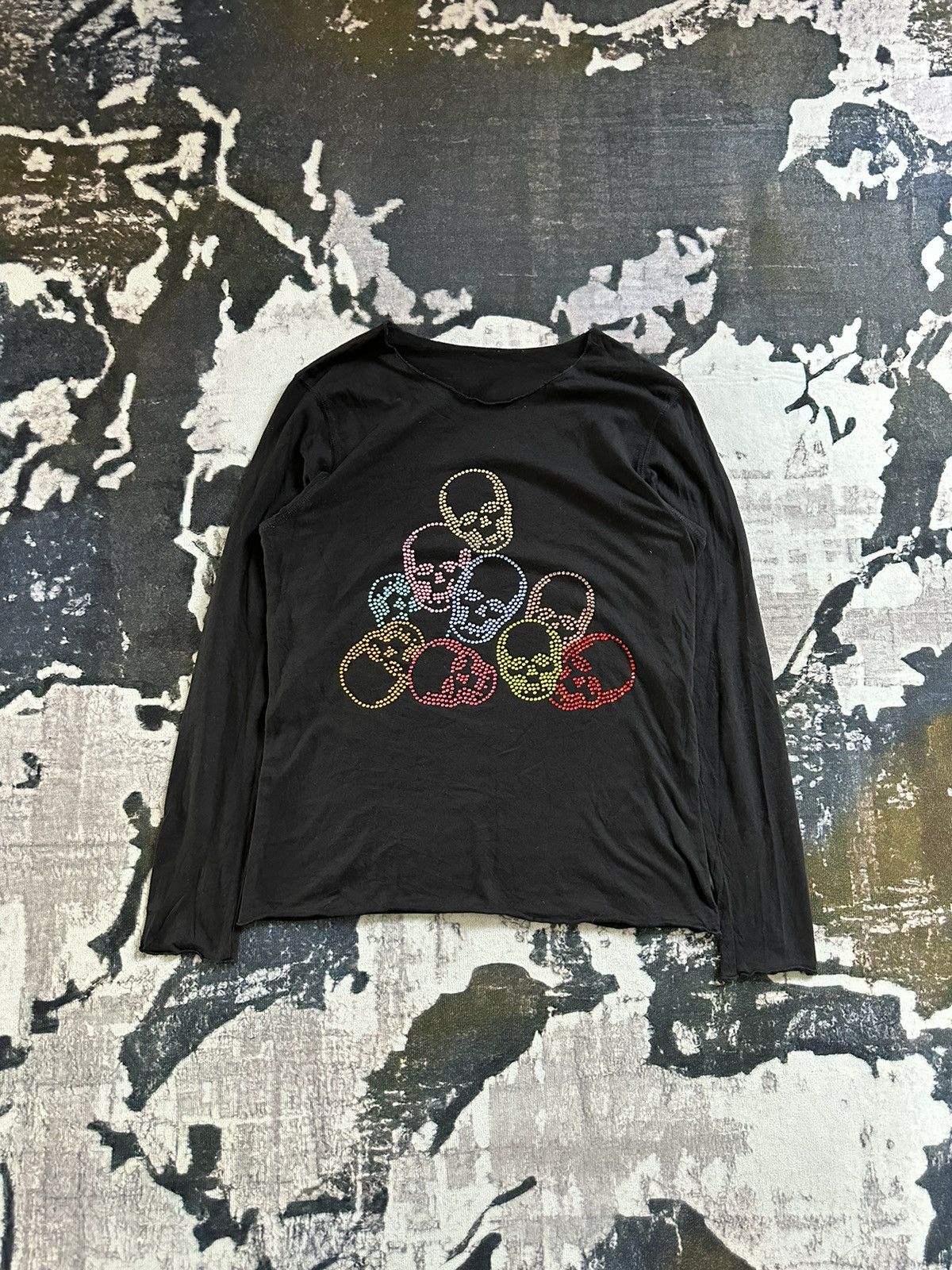 image of Lucien Pellat Finet 00S Lpf Cut & Sew Skull Stone Long Sleeve in Black, Men's (Size Large)