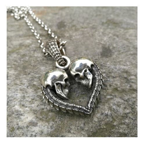 Jewelry Unique Double Skull Heart Pendant Necklace Size ONE SIZE - 1 Thumbnail