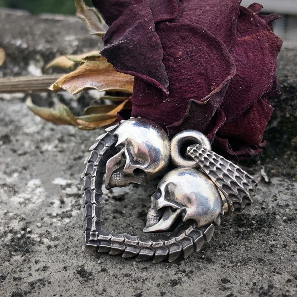 Jewelry Unique Double Skull Heart Pendant Necklace Size ONE SIZE - 4 Thumbnail