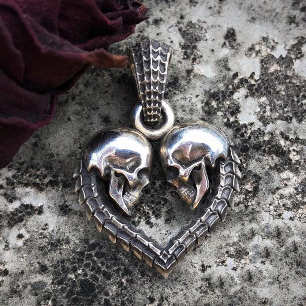 Jewelry Unique Double Skull Heart Pendant Necklace Size ONE SIZE - 3 Thumbnail
