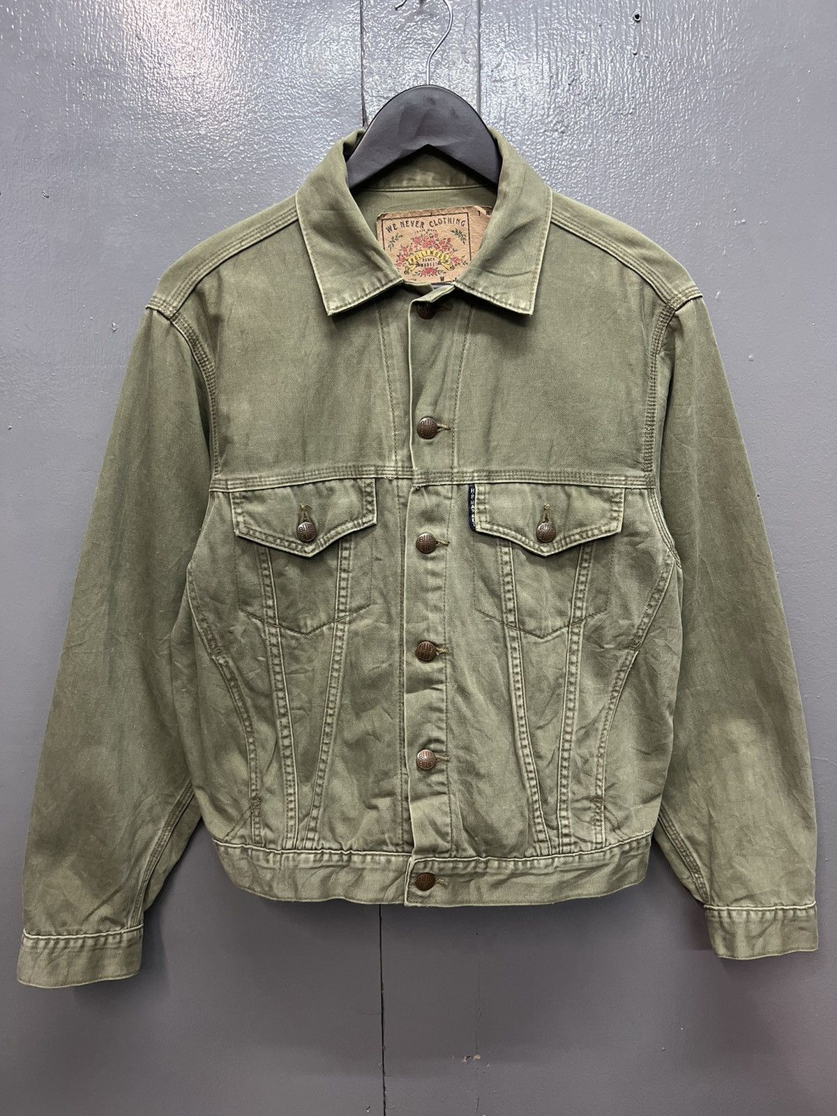 image of Vintage Blue Blue Japan X Hr Market Trucker Jacket in Olive Green, Men's (Size Medium)