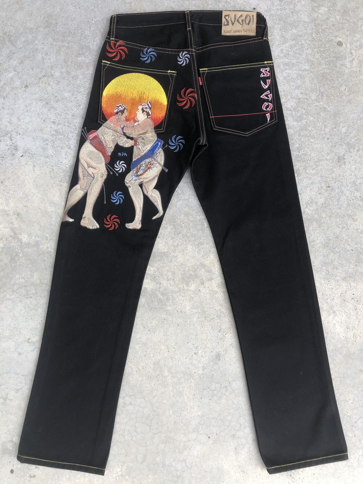 image of Distressed Denim Japanese Sugoi Embroidered Jeans in Black, Men's (Size 30)