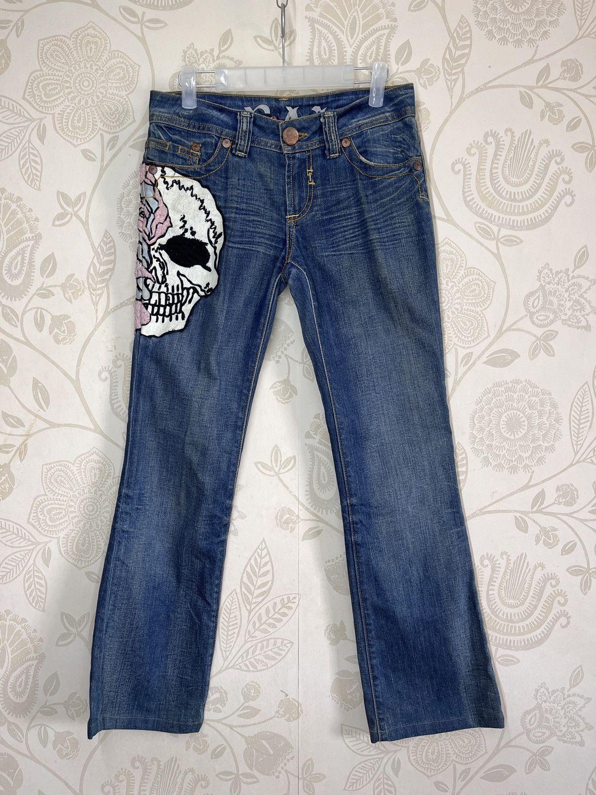 image of Authentic x Grail Seditionaries Grail Skull Patch Flare Denim Jeans in Blue, Men's (Size 28)