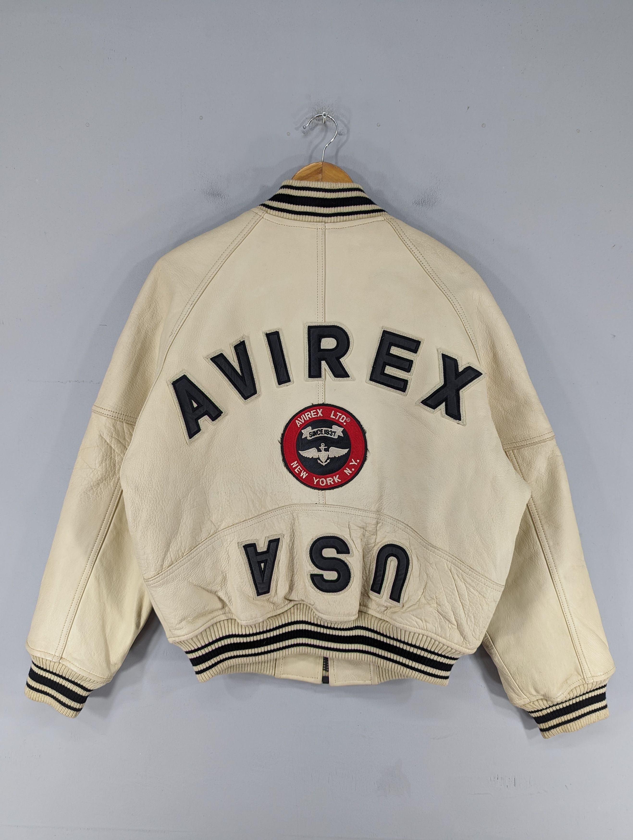 Veste Avirex Vintage NY 1990 - Cuir Blanc - Taille S - Style Baseball Varsity