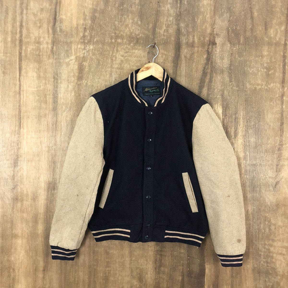HAZEWIND FADED DARK BLUE GREY WOOL VARSITY JACKET #1870