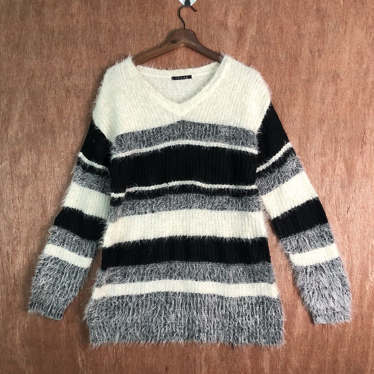 image of Coloured Cable Knit Sweater x Over The Stripes Japan Ingni Striped Mohair Knitwear Sweater (Size Me