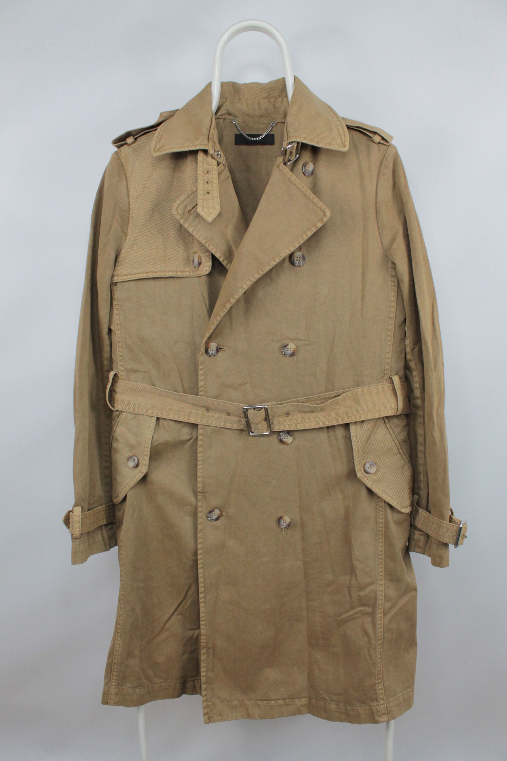 image of Diesel Double-Breasted Belted Beige Denim Trench Coat in Brown, Men's (Size 2XS)