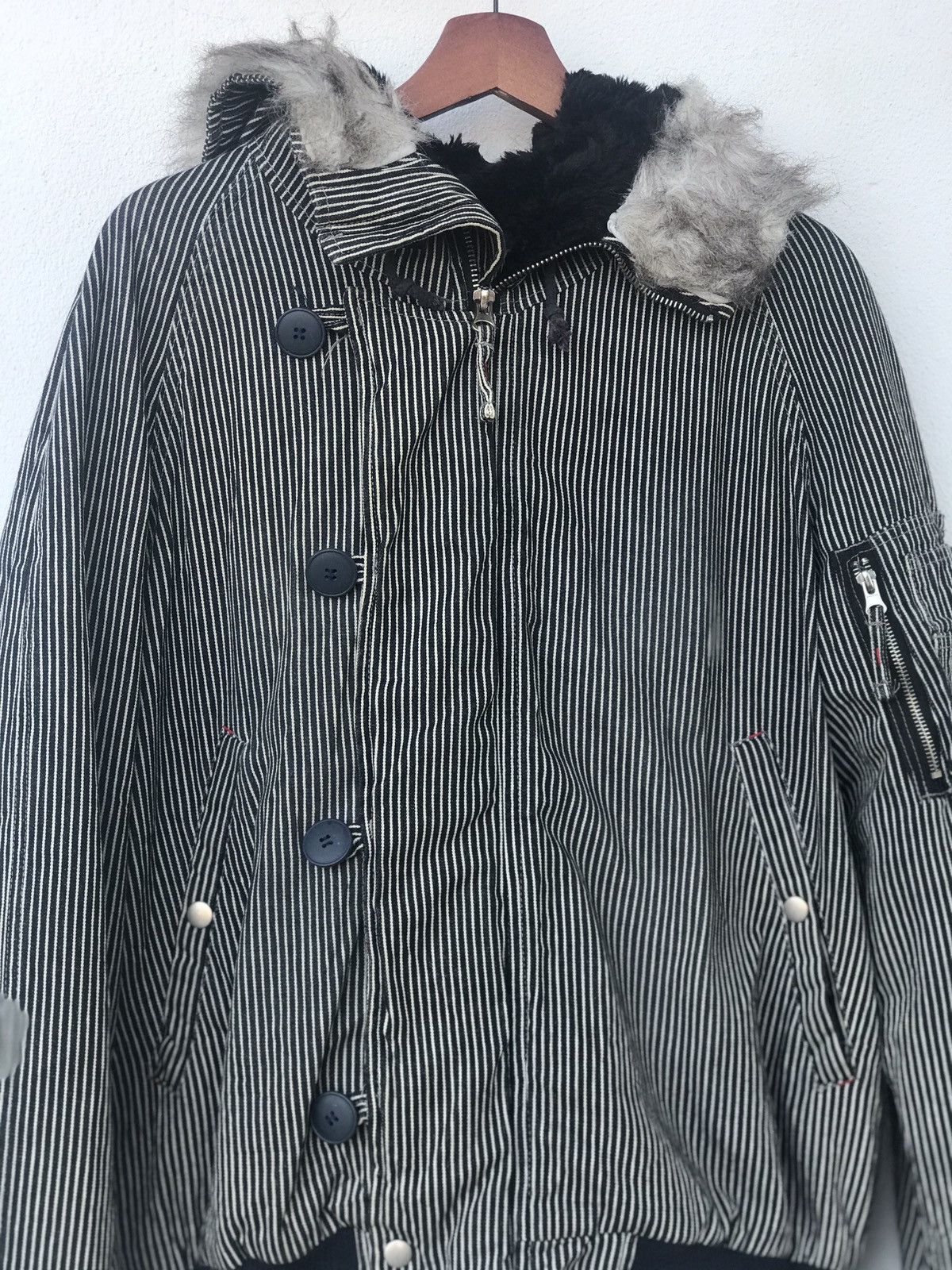 image of Unionmade Dog House Wabash Stripe Bomber Jacket Hoodie in Blue/White, Men's (Size Medium)