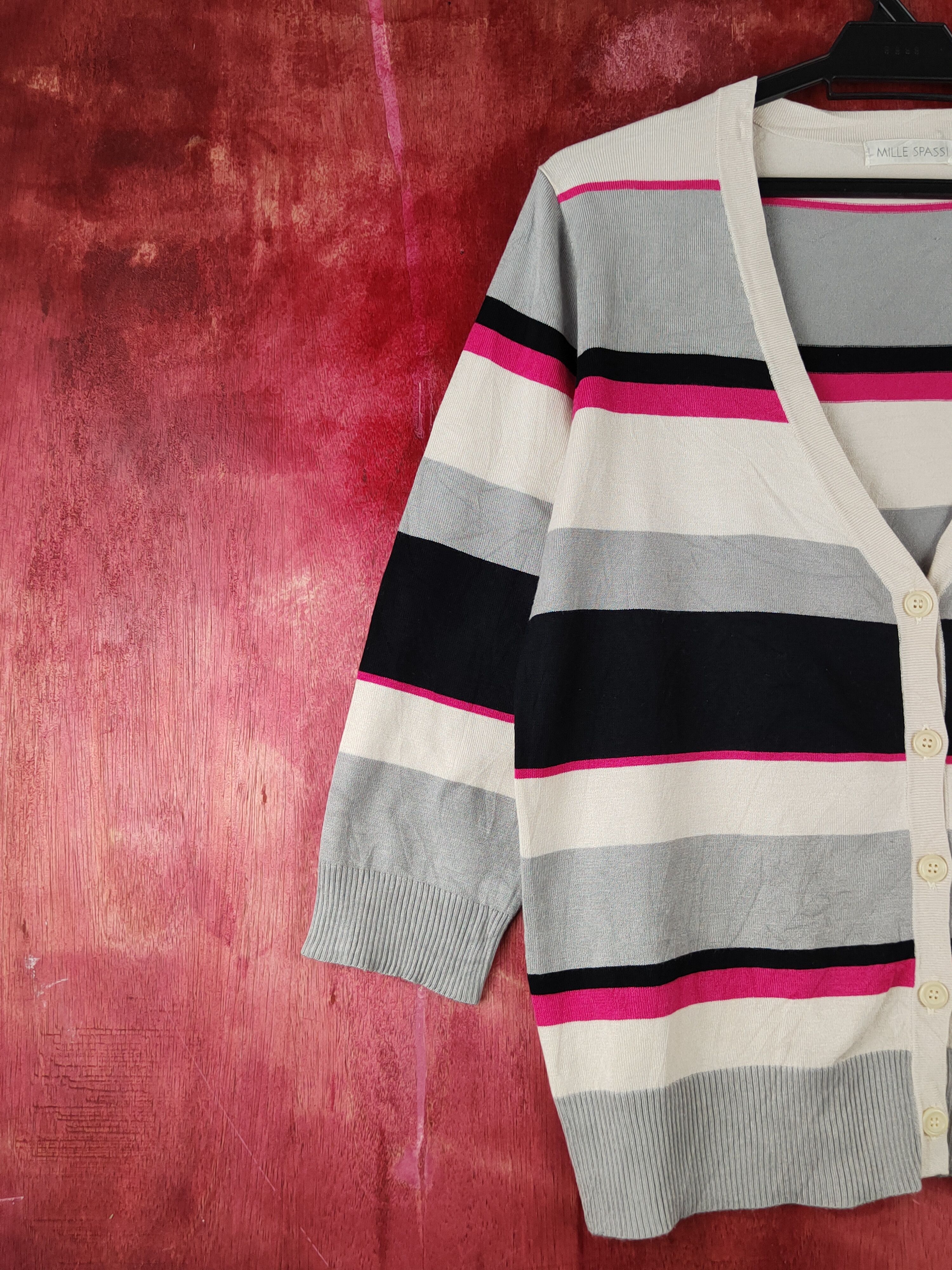 Hypebeast × Japanese Brand Mille Spassi Black/Gray/Pink Stripe Knitwear Cardigan #S1230 Size M / US 6-8 / IT 42-44 - 3 Thumbnail