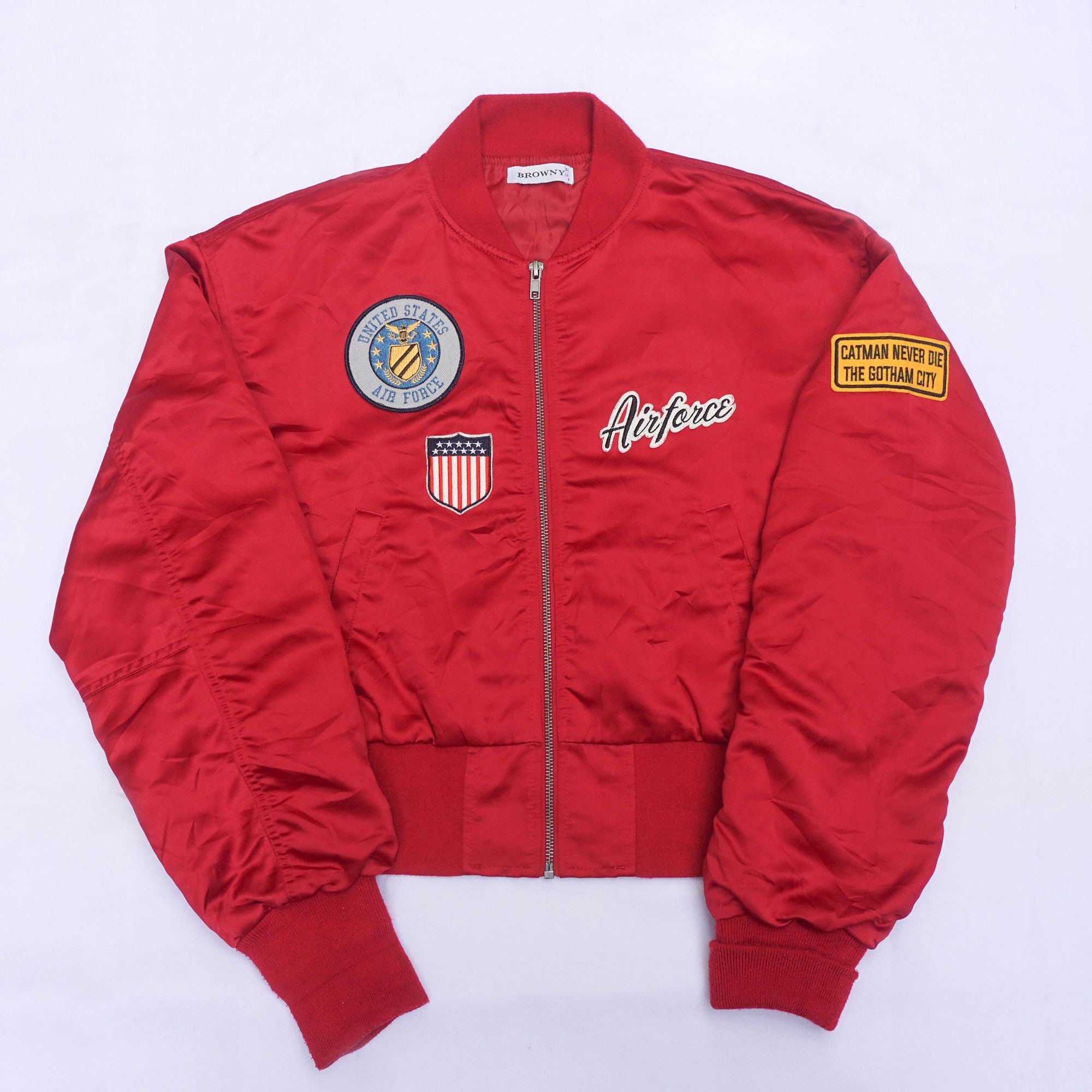 image of Browny Airforce Patchwork Bomber Jacket in Red, Men's (Size Large)