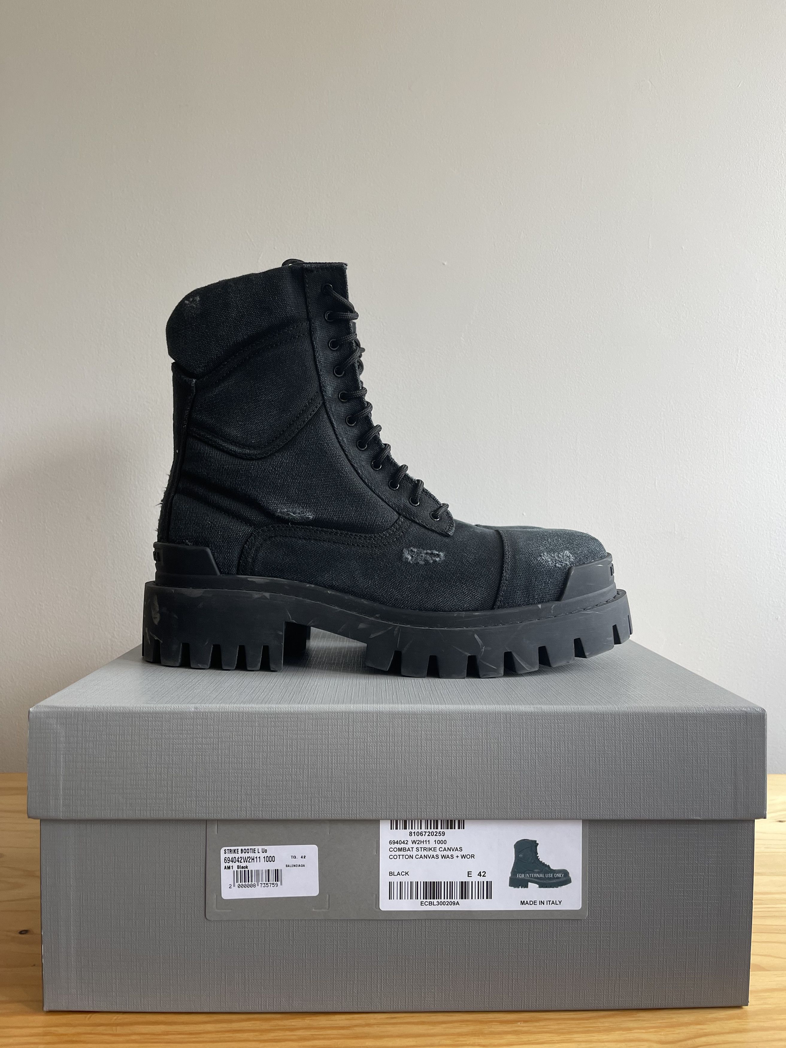 Balenciaga Distressed Canvas Combat Strike Boots NIB (42) Fits 42 