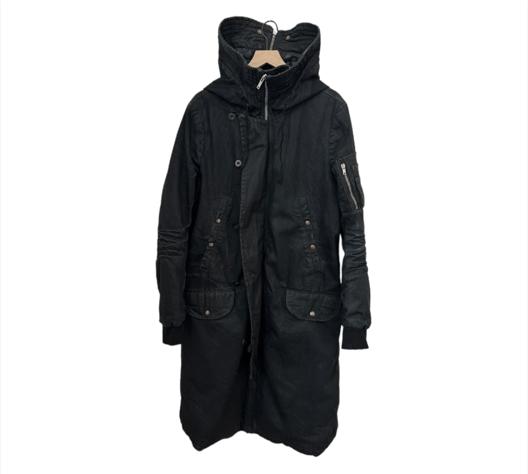 image of Rick Owens x Rick Owens Drkshdw Archive Aw07 “Exploder” Waxed Denim Parka in Black (Size Small)