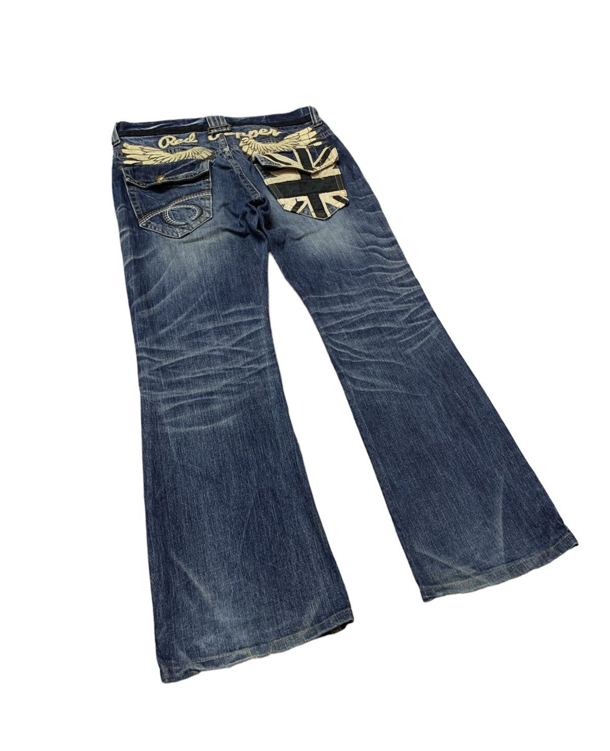 Flare Japanese Brand Red Pepper Embroidery Wings Denim Pants