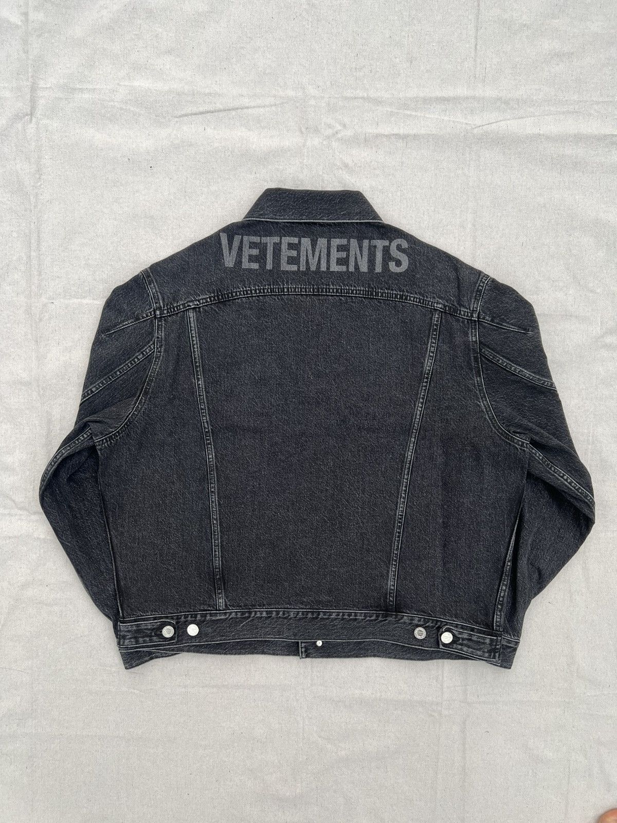 image of Vetements Haute Couture Logo Denim Jacket In Washed Blaxk in Black, Men's (Size XL)