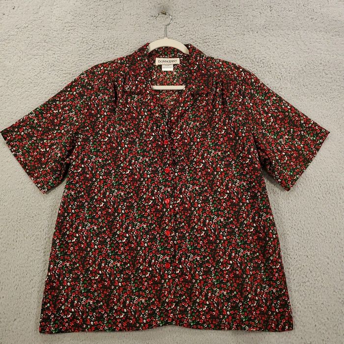 Vintage Donnkenny Button Up Blouse Womens Large Black Red Ditsy Little ...