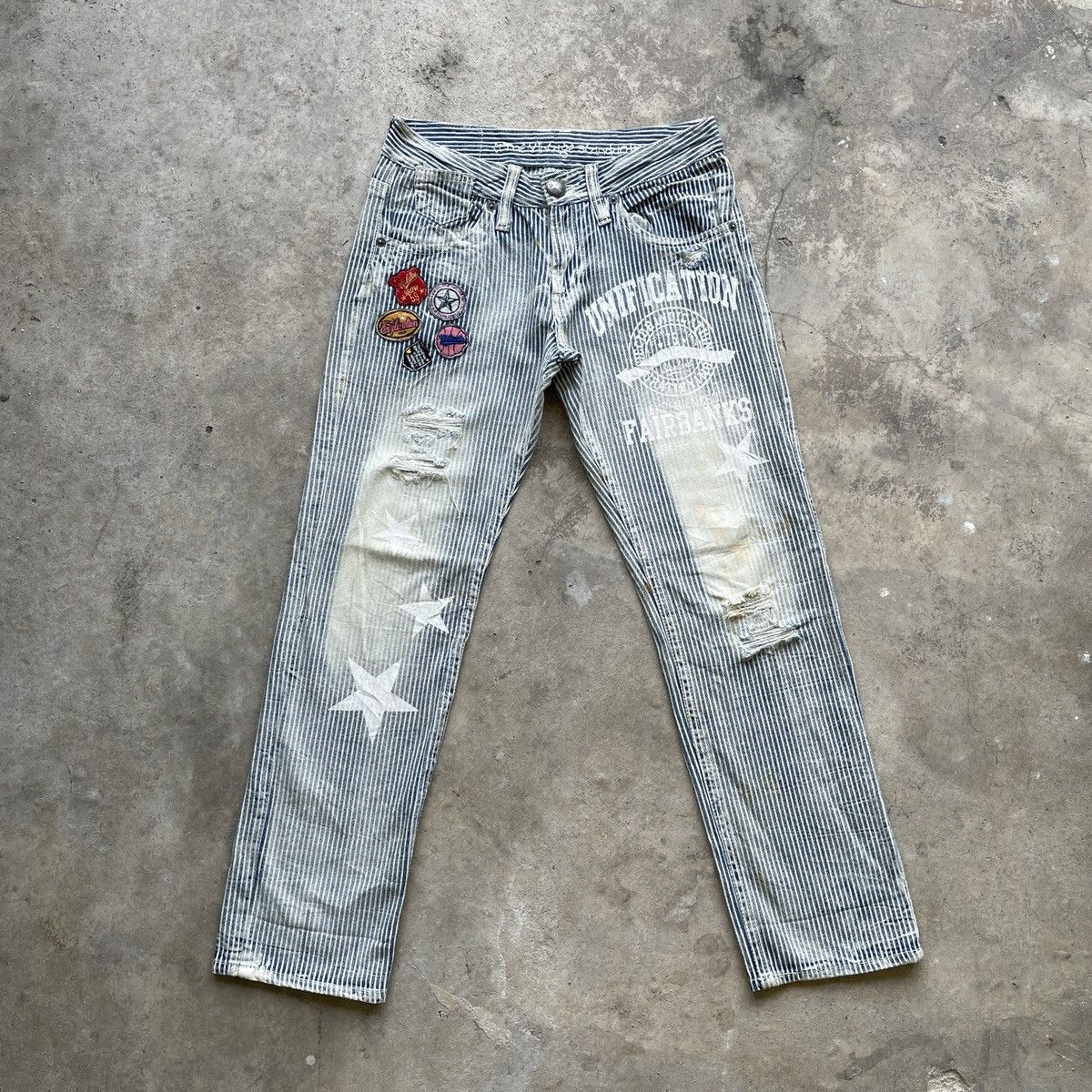 Japanese Brand Vintage Japanese Faded Patches Hickory Stripe Jeans Pants Size US 30 / EU 46 - 1 Thumbnail