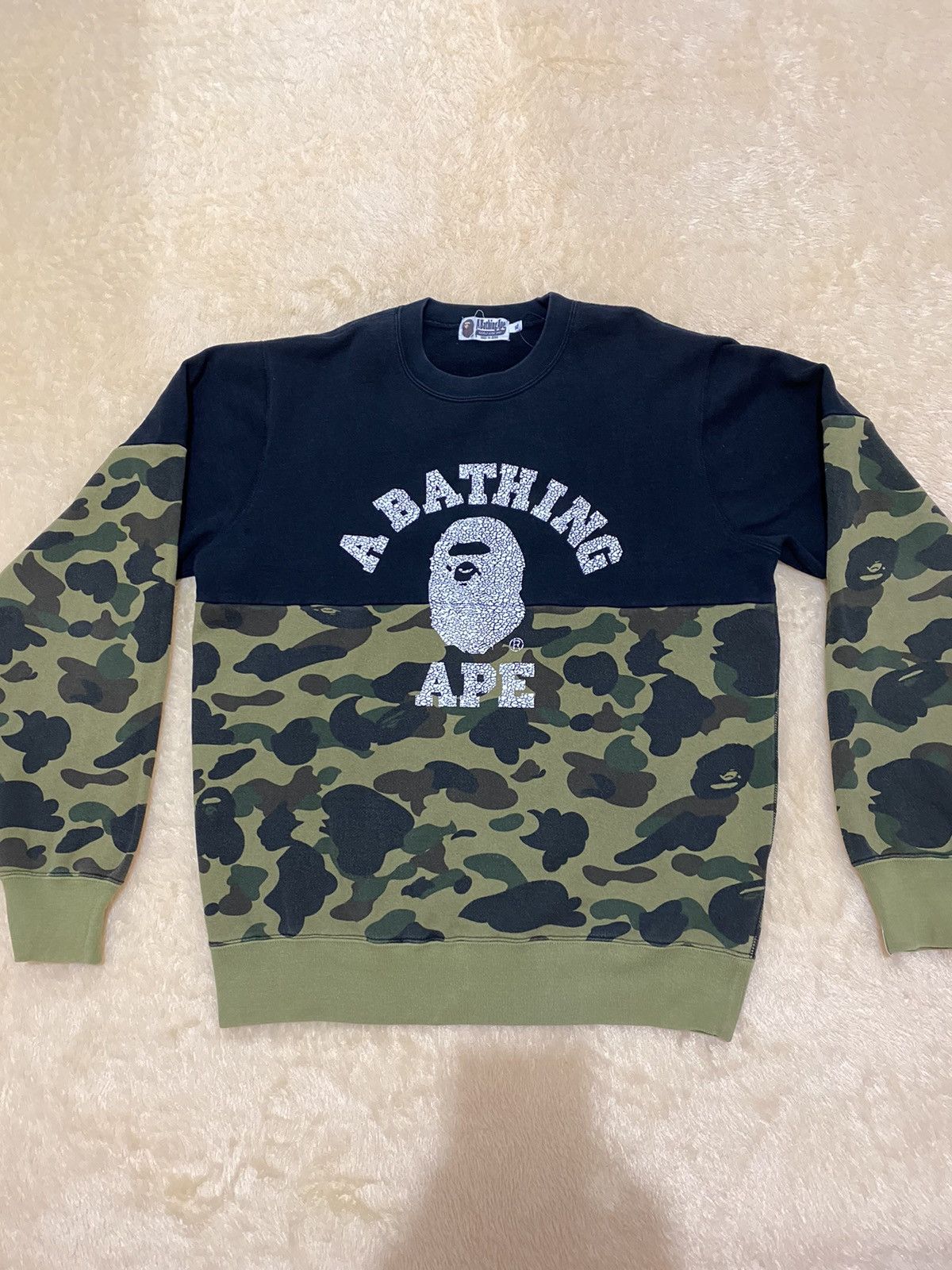 image of Bape 1St Camo Half College Logo Crewneck in Black, Men's (Size XL)