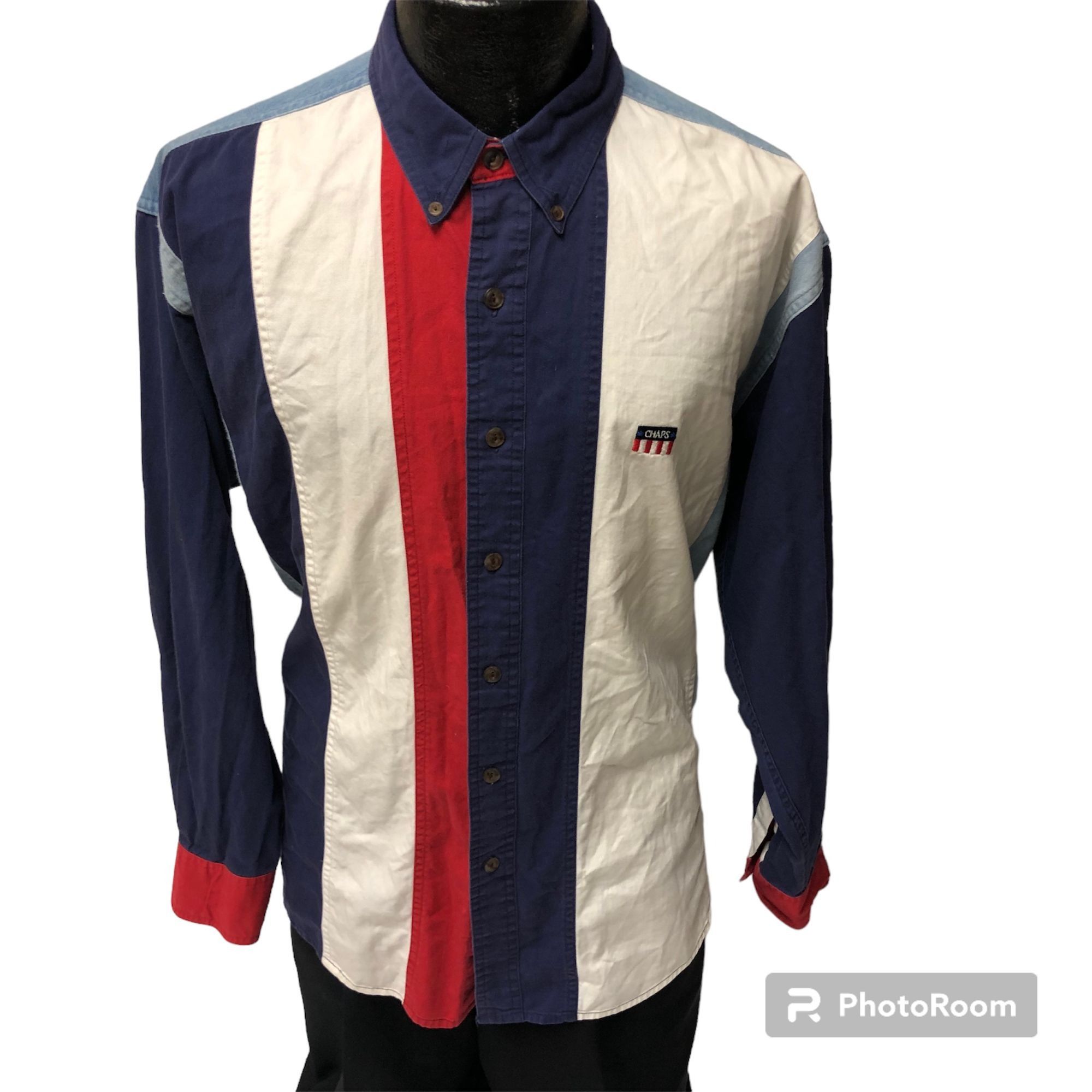 90's Chaps Ralph Lauren Color Block FLAG Logo Denim Shirt L