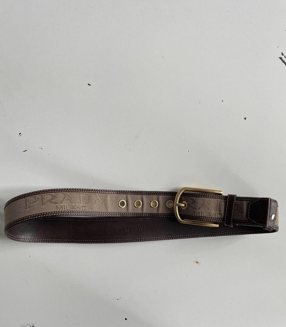 image of Prada Milano Jacquard Big Logo Gold Brown Belt Size 34 in Brown Gold, Men's