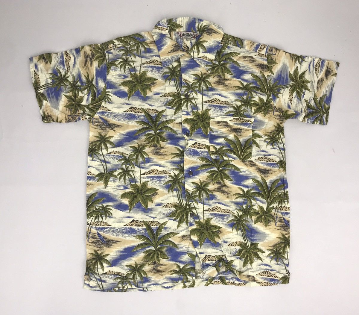image of Hawaiian Shirt Vintage Hawaiian Boon Pal Ocean Pacific Coconut Palm Tree in White (Size Large)