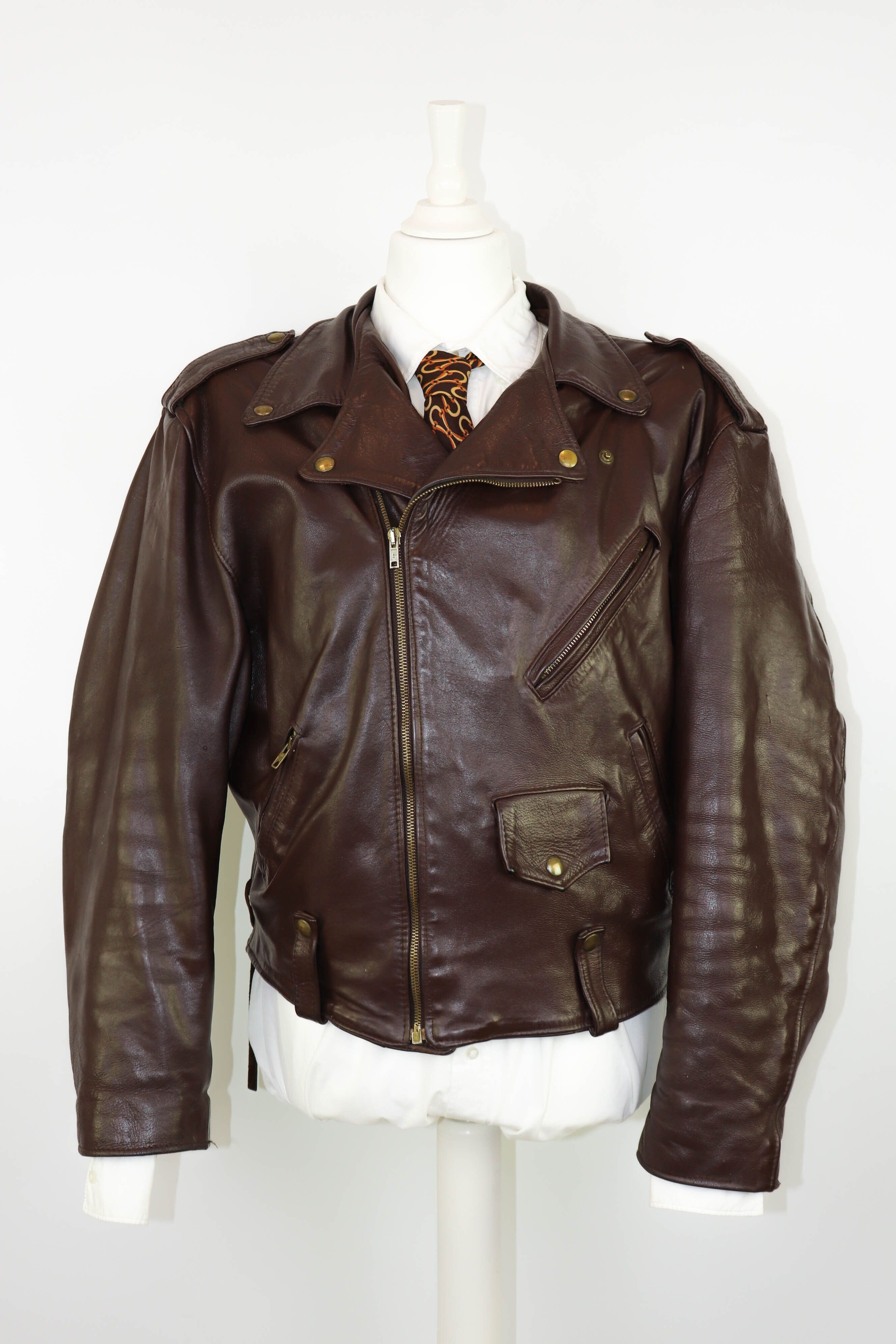 Pre-owned Leather Jacket X Vintage Nevadacuir Vintage 70's 80's French Brown Leather Biker Jacket (size Large)