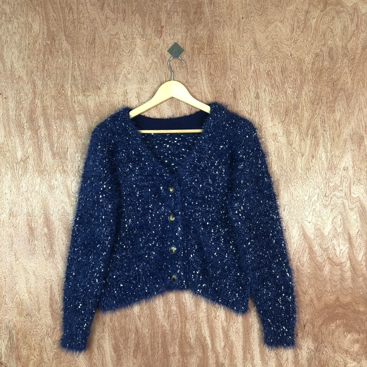 image of Rose Bud Shag Shaggy Fur Mohair Cardigan 6674 in Blue, Women's (Size Small)