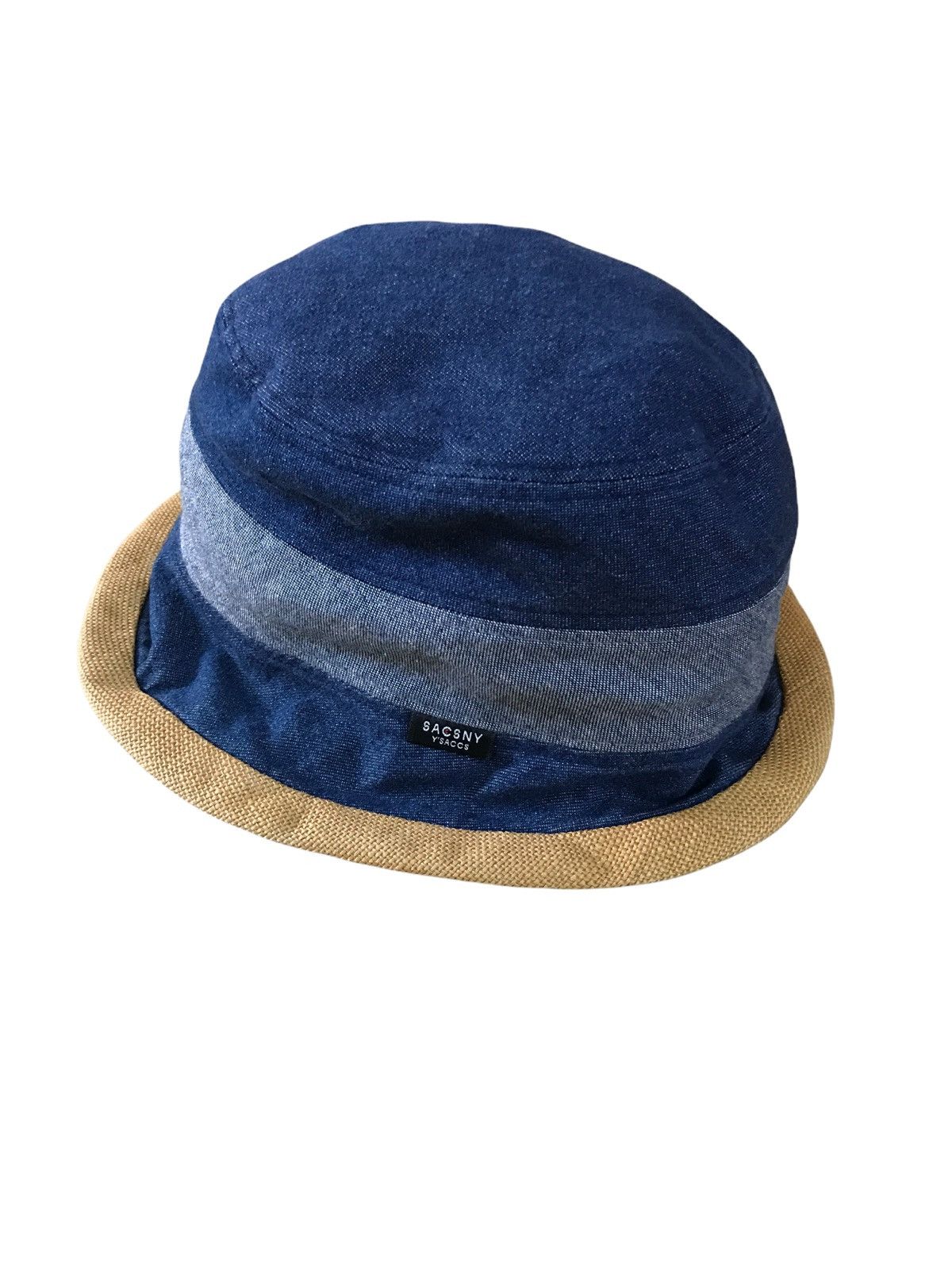 image of Yohji Yamamoto Y’Saccs Denim Bucket Hat in Blue Denim/Brown, Men's