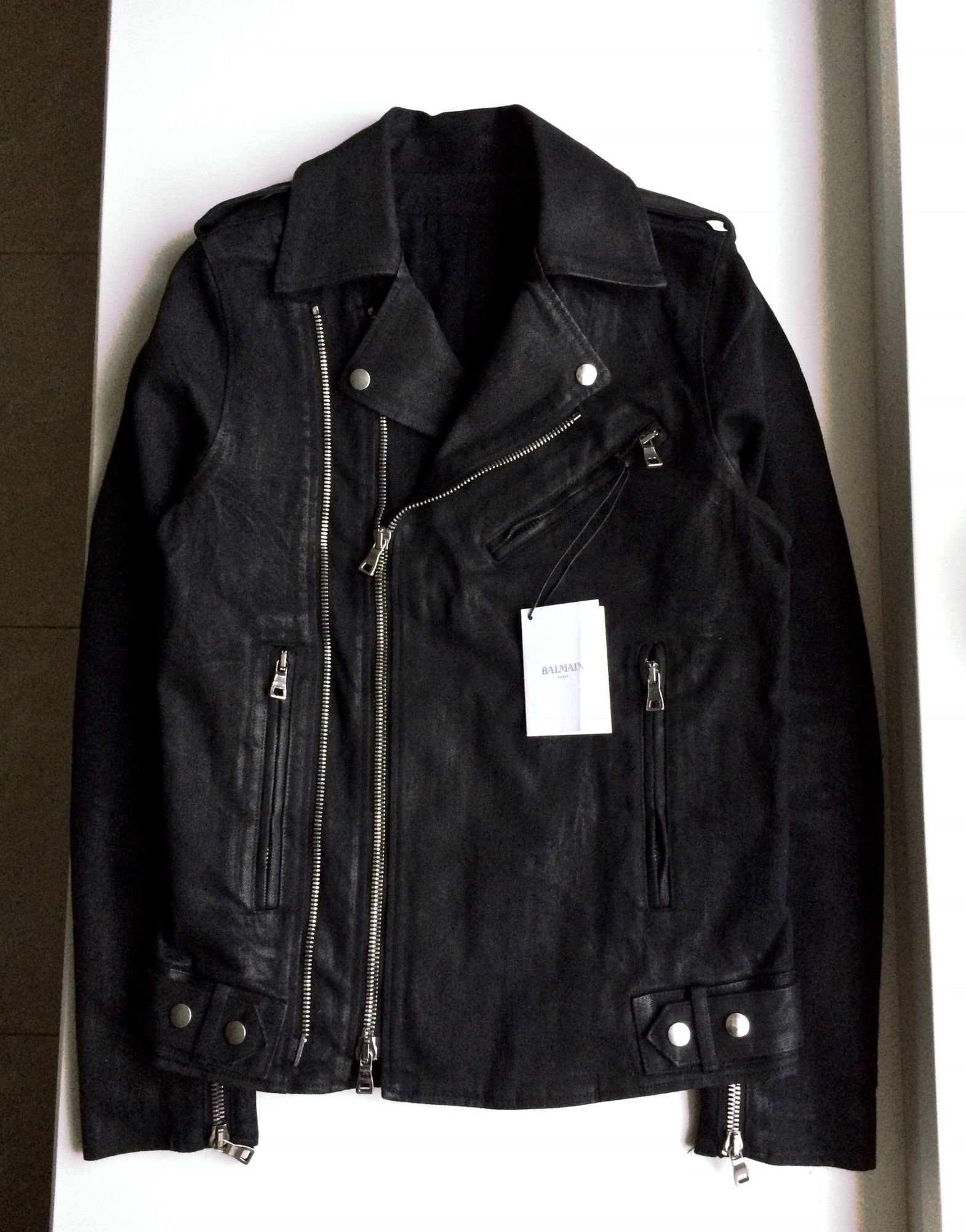 image of Balmain Black Waxed Denim Jacket, Men's (Size Small)