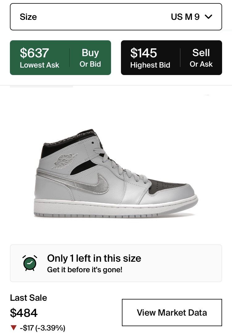 Jordan Brand Air Jordan 1 Retro Mid Wolf Grey Platinum Metallic Shoes Size US 12 / EU 45 - 2 Thumbnail
