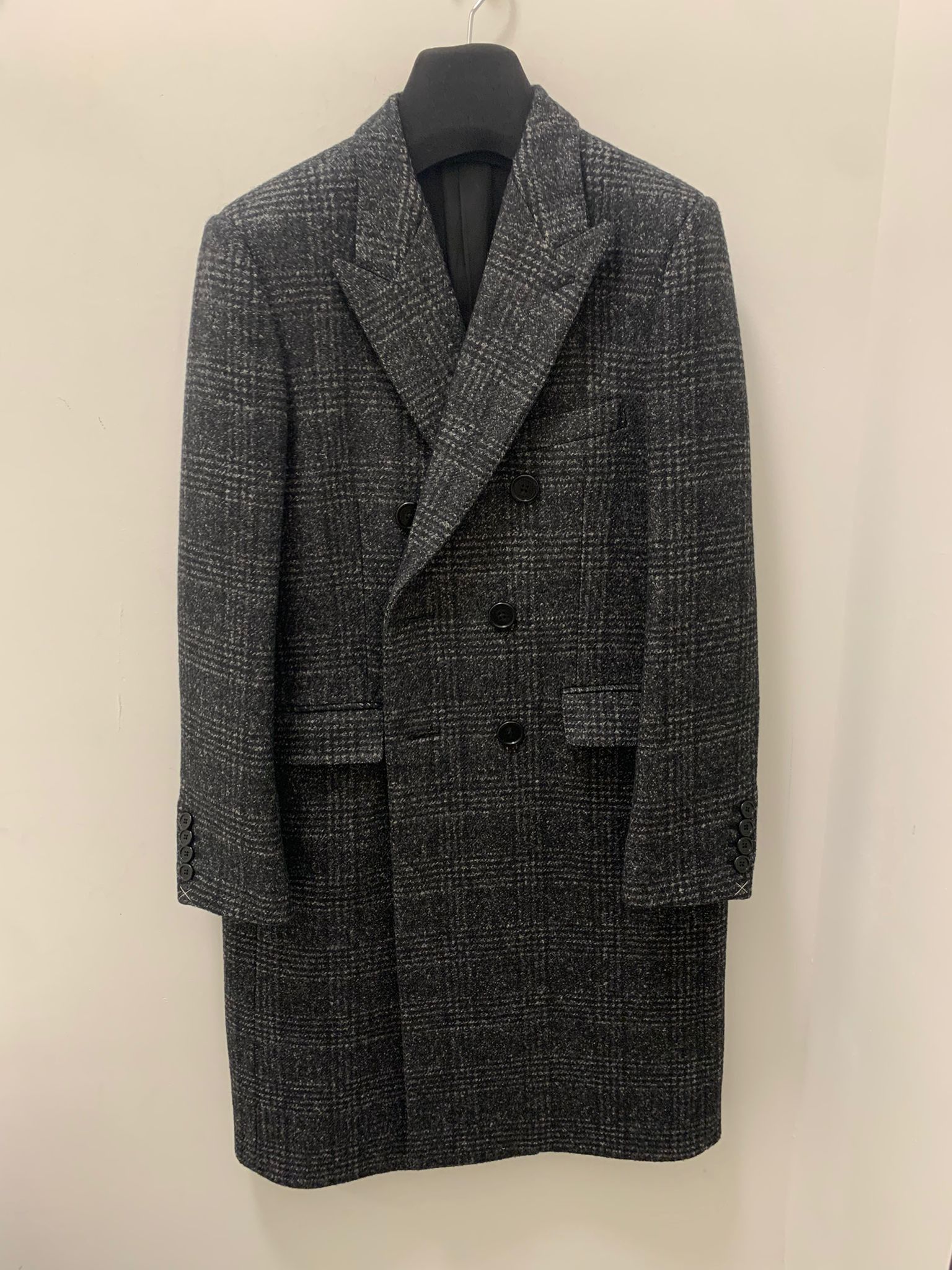 image of Celine Manteau Classic Croise 6B Coat in Black/Grey Tartan, Men's (Size Medium)