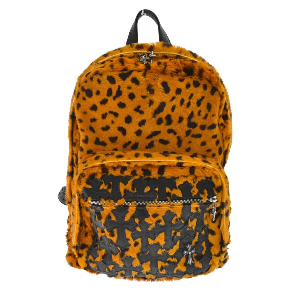 image of Chrome Hearts Cemetery Cross Patch Leather Leopard Backpack in Orange, Men's