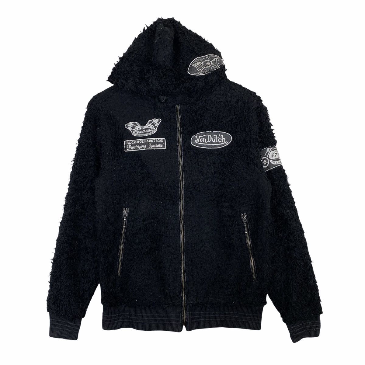 image of Von Dutch Patches Fleece Zipper Hoodie Sweater in Black, Men's (Size Small)