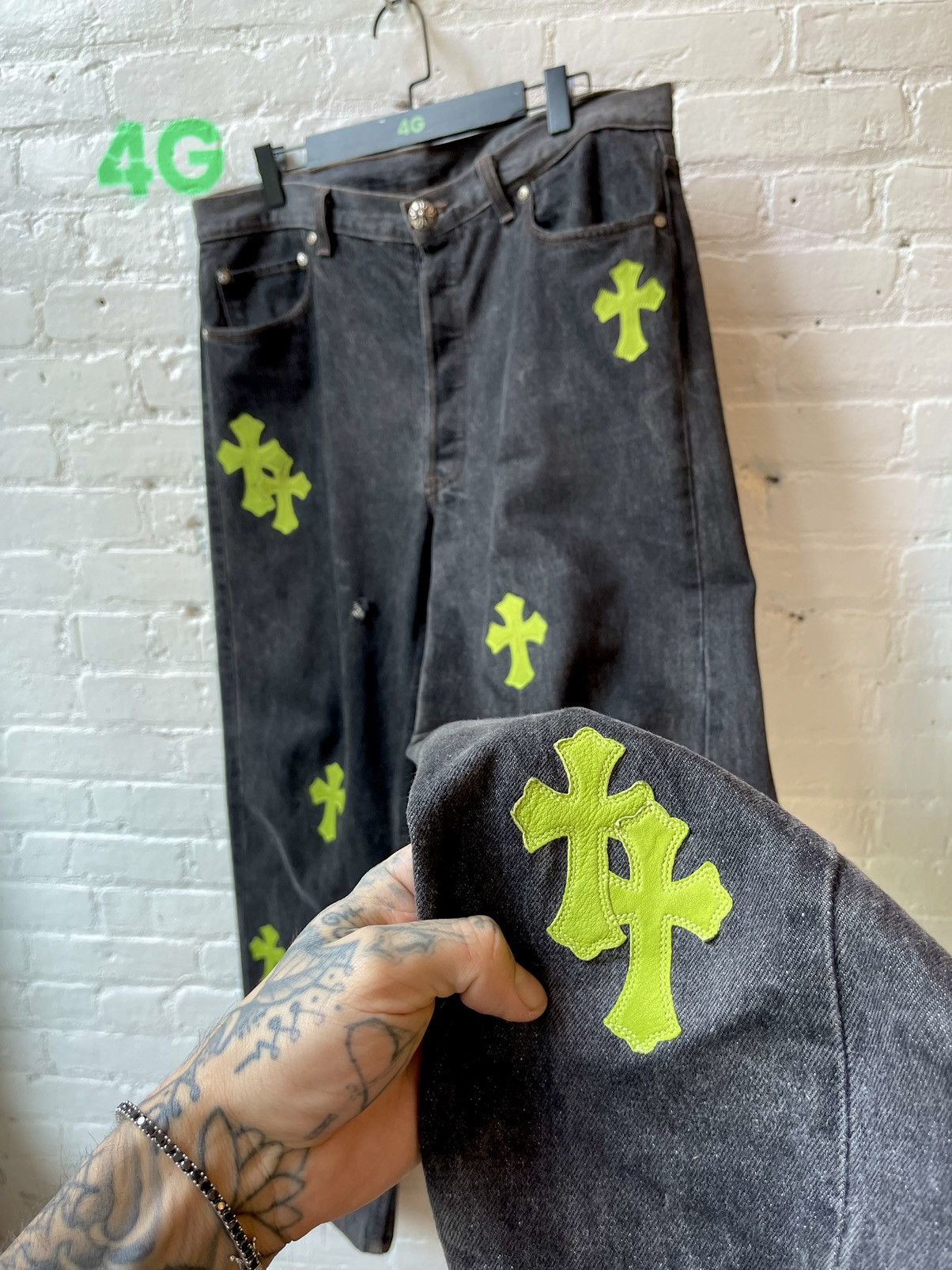 image of Chrome Hearts Levi 1/1 4G Green Cross Patch Jeans Fit 34/36 in Black, Men's