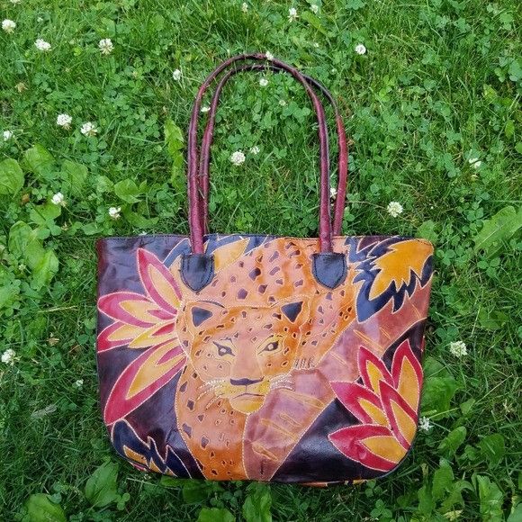 Vintage 1980’s 80s Leather Leopard Applique Stitched Tote