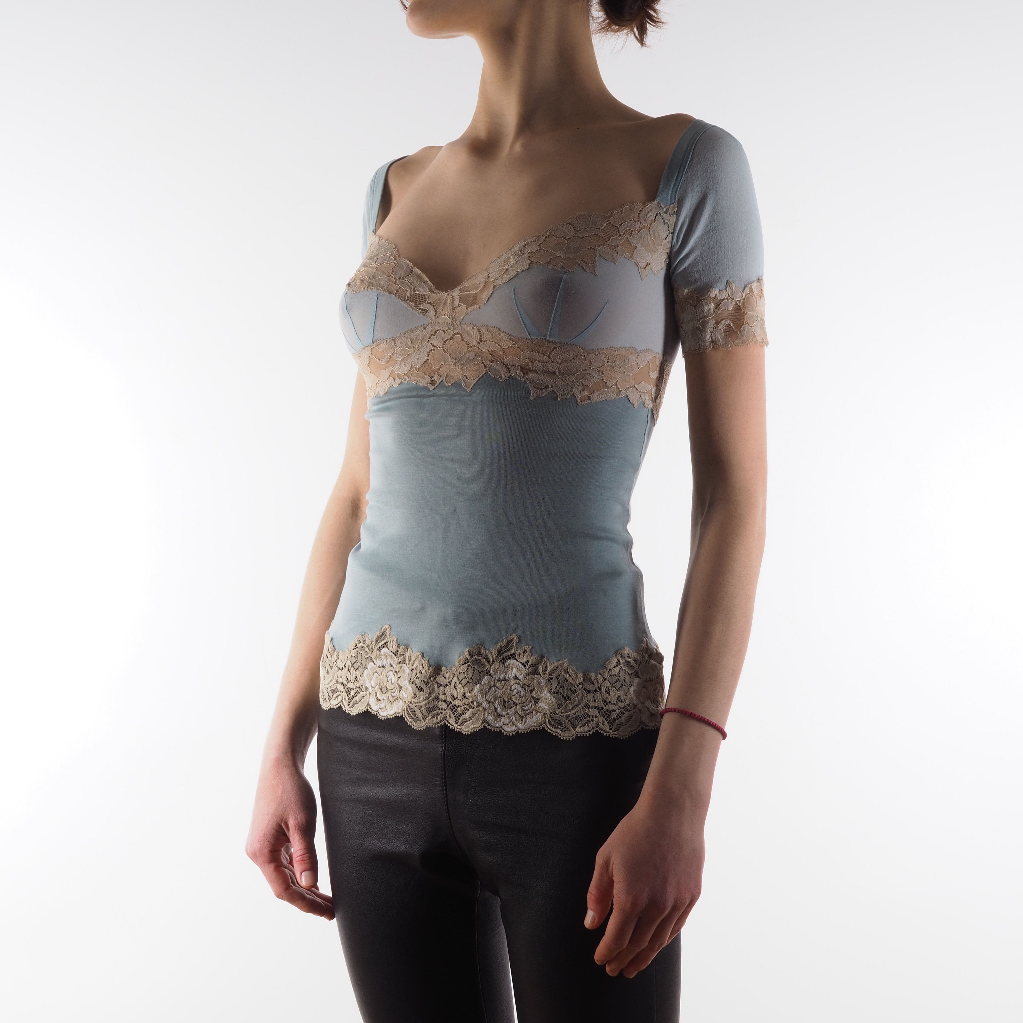 image of Archival Clothing x Dolce Gabbana Dolce&gabbana Vintage Women's Blue Lace Summer Top Blouse (Size X