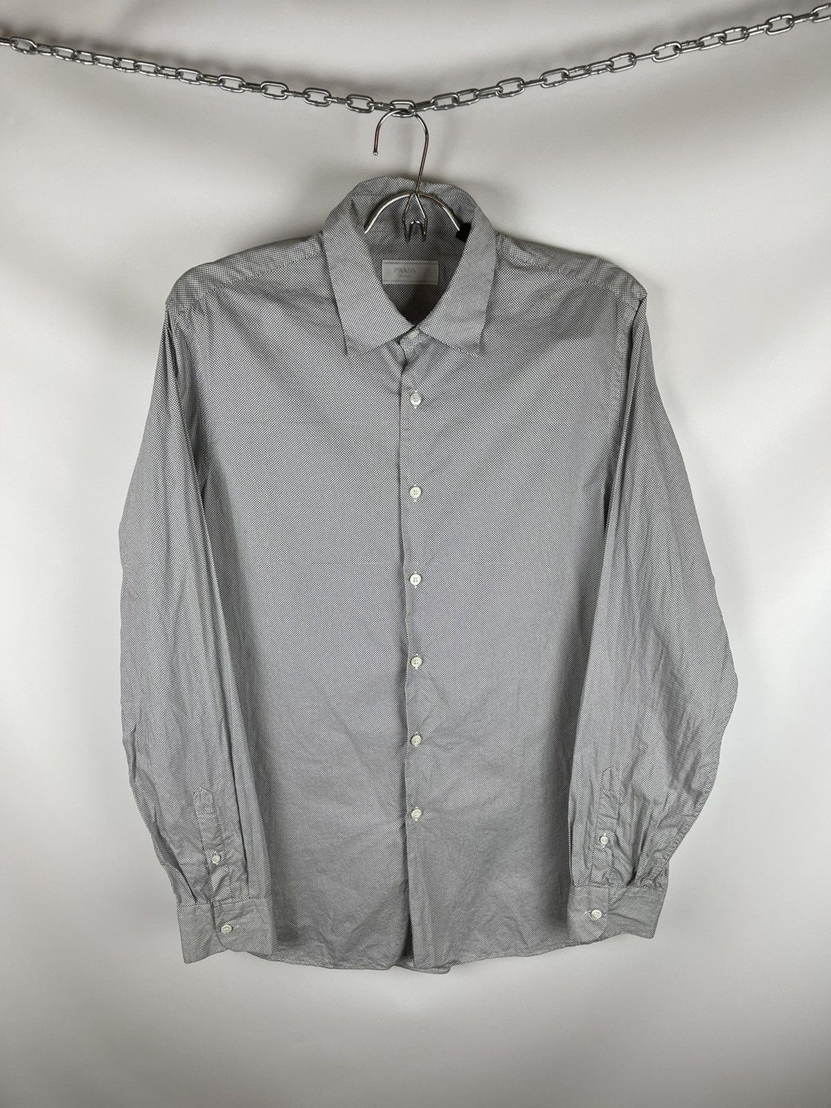 image of Prada Grey Dot Pattern Classic Casual Long Sleeve Shirt, Men's (Size Large)