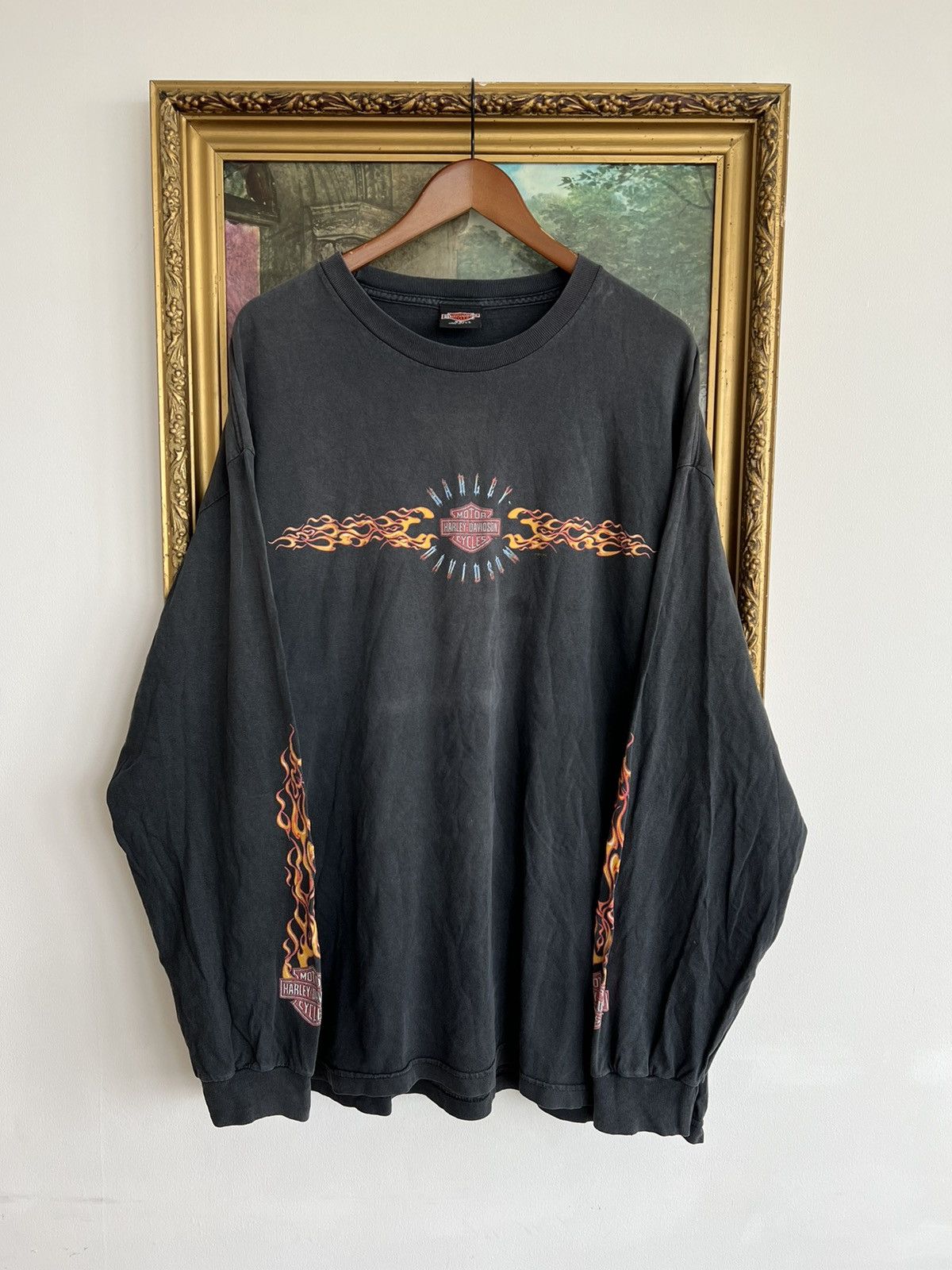 image of Band Tees x Harley Davidson Vintage 2001 Harley Davidson Flames Faded Black Sleeves Tee (Size 2XL)